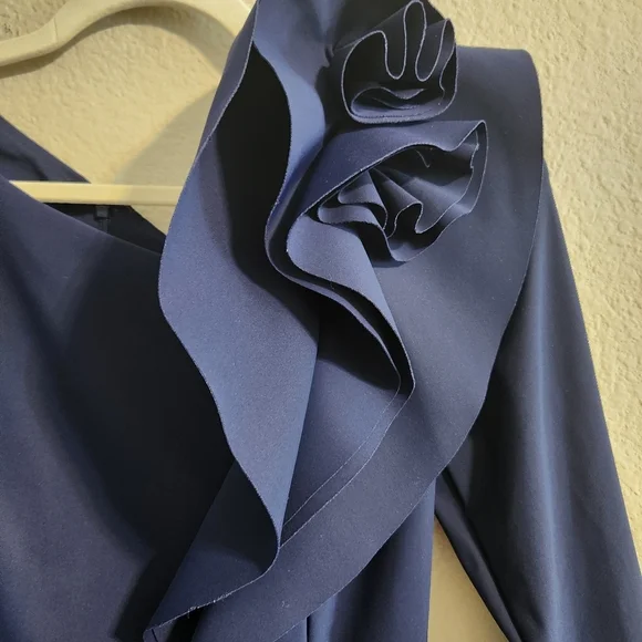 Rickie Freeman for Teri Jon Women’s Side Ruffle Asymmetric Navy Dress size 4